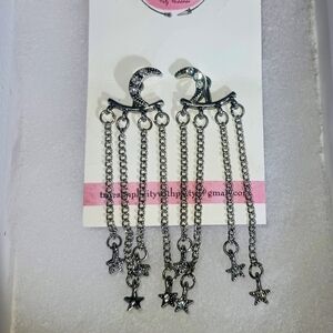 Silver Star and Moon Chain Earrings